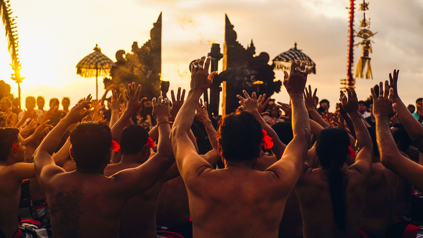 Kecak fire dance ceremony at sunset, Uluwatu, Bali